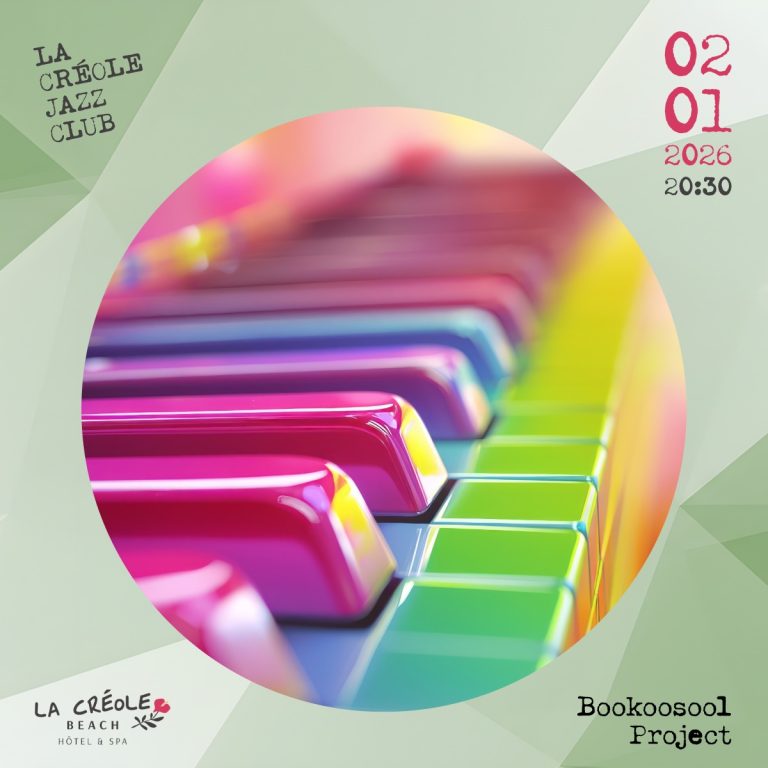 Concert et live du Bookosool Project le 2 janvier 2026 à 20h30 au La Créole Jazz Club, au La Créole Beach Hôtel & Spa au Gosier. Soirée musicale aux sonorités jazz et live en Guadeloupe.