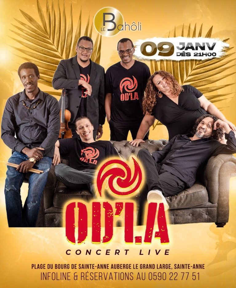 Concert live du groupe ODLA le 9 janvier 2026 dès 21h00 au Baholi, plage du bourg de Sainte-Anne en Guadeloupe. Soirée musicale live dans une ambiance conviviale en bord de mer.