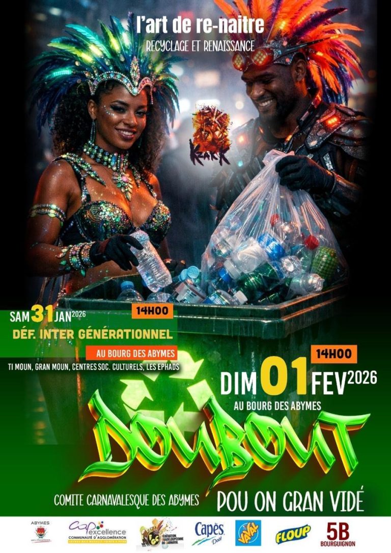 Déboulé carnavalesque intergénérationnel Doubout – Dou on gran vidé aux Abymes les 31 janvier et 1er février 2026, événement autour du recyclage et de la renaissance avec participation des enfants, seniors, centres socioculturels et EHPAD, au bourg des Abymes.