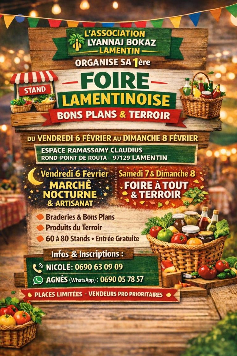 Foire Lamentinoise du 6 au 8 février 2026 à l’Espace Ramassamy Claudius, rond-point de Routa au Lamentin, Guadeloupe, avec marché nocturne, foire à tout, produits du terroir, artisanat et 60 à 80 stands, entrée gratuite.