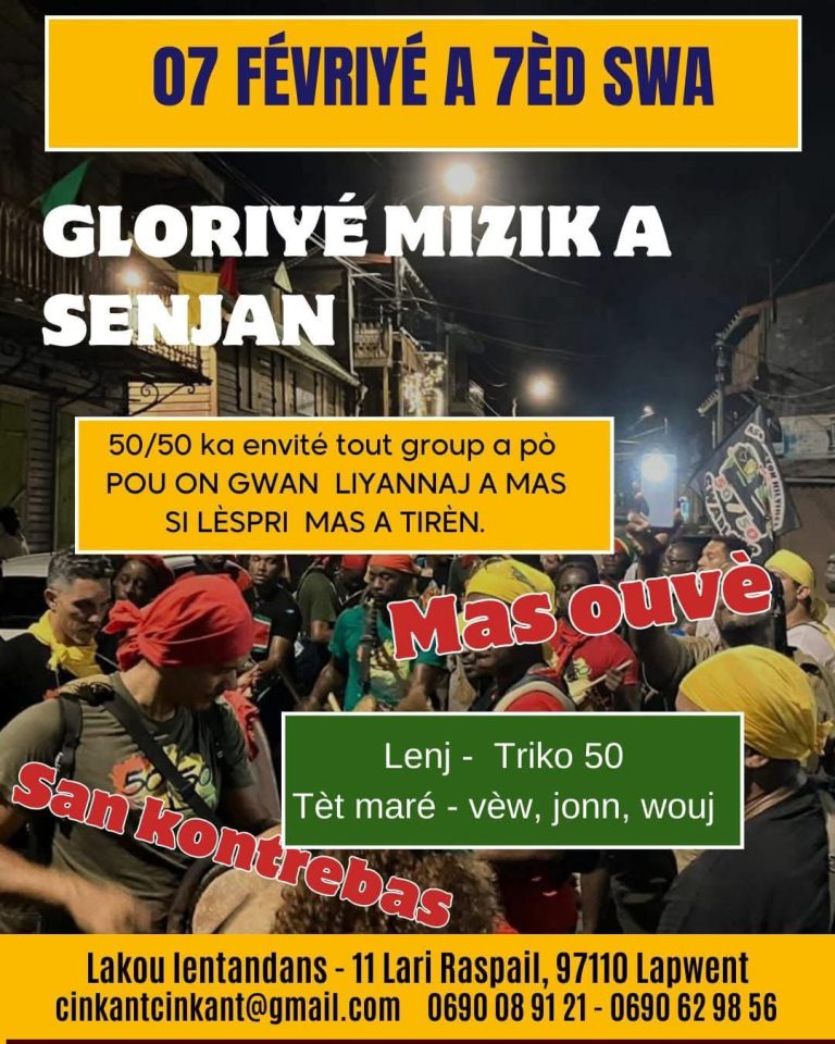 Mas ouvert Gloriyé Mizik a Senjan le samedi 7 février 2026 à Lapwent, rassemblement carnavalesque avec groupes à po invités, mas ouvert sans contrebasse, esprit traditionnel du Carnaval de Guadeloupe.