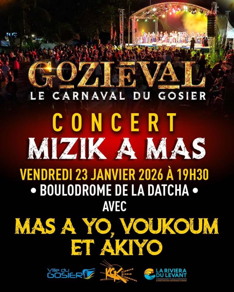 Concert Mizik a Mas dans le cadre de Goziéval – Le Carnaval du Gosier avec Mas a Yo, Voukoum et Akiyo, le vendredi 23 janvier 2026 à 19h30 au Boulodrome de la Datcha, Le Gosier, Guadeloupe.