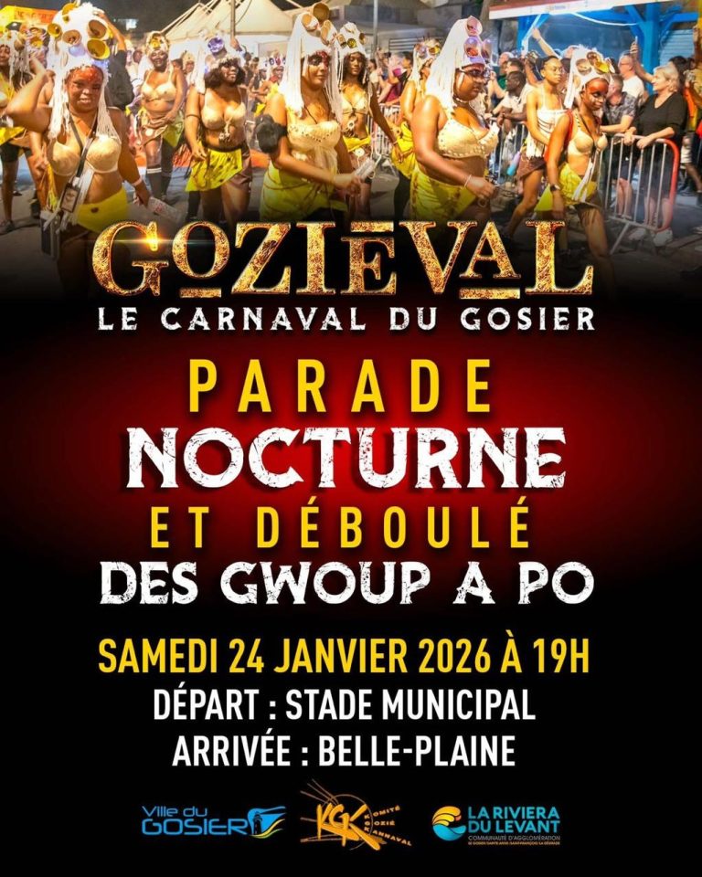 Parade nocturne et déboulé des gwoup a po dans le cadre de Goziéval – Le Carnaval du Gosier, le samedi 24 janvier 2026 à 19h avec un départ du stade municipal et une arrivée à Belle-Plaine, Le Gosier, Guadeloupe.