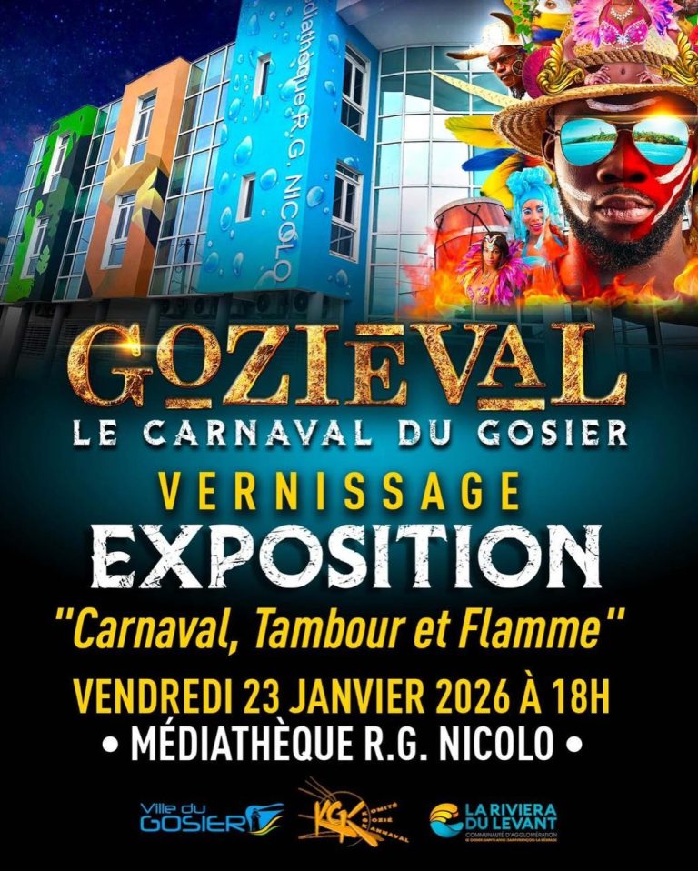 Vernissage de l’exposition Goziéval – Le Carnaval du Gosier intitulée « Carnaval, Tambour et Flamme », organisé le vendredi 23 janvier 2026 à 18h à la médiathèque R.G. Nicolo, Le Gosier, Guadeloupe.