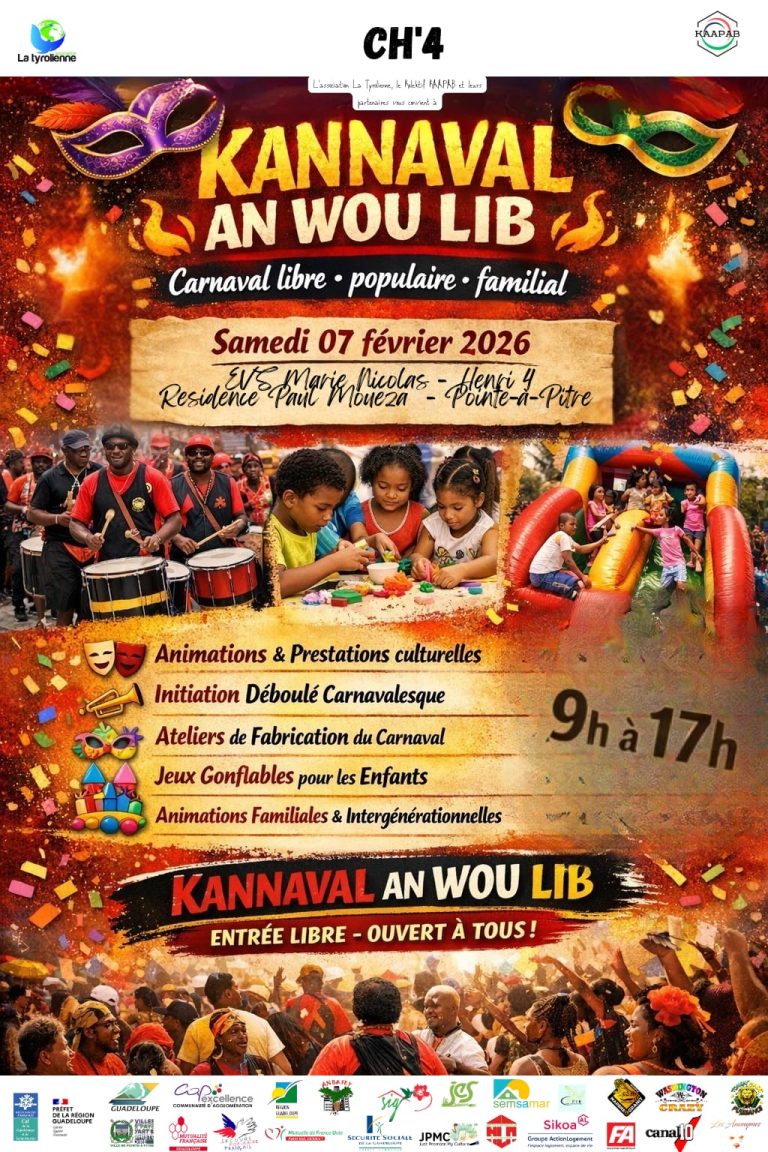 Carnaval libre, populaire et familial Kannaval An Wou Lib le samedi 7 février 2026 à Pointe-à-Pitre, résidence Paul Moueza (site Marie Nicolas – Henri IV), avec animations culturelles, ateliers carnaval, initiation au déboulé carnavalesque, jeux gonflables pour enfants et animations intergénérationnelles, de 9h à 17h, entrée libre.