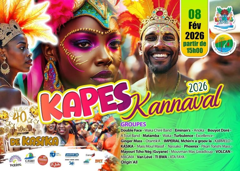 Kapes Karnaval 2026 à Capesterre-Belle-Eau le 8 février 2026 à partir de 15h, grande parade carnavalesque avec de nombreux groupes dont Kasika, Mass Moul Massif, Waka, A Tout Band, Phoenix et Volcan, organisée par le Comité Carnaval Kapes et la Ville de Capesterre-Belle-Eau.