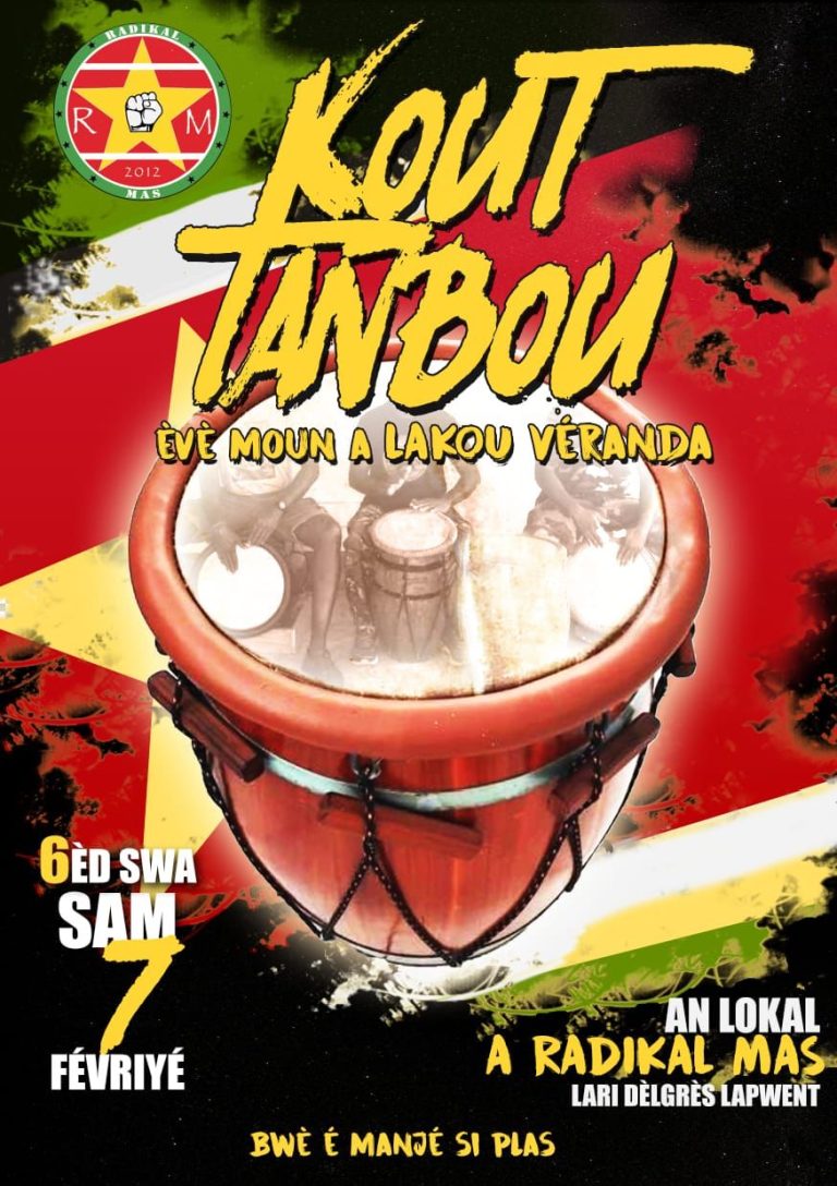 Kout Tanbou organisé par Radikal Mas le samedi 7 février 2026 à Lari Delgrès Lapwent, rassemblement culturel autour des tambours, de la musique et des traditions carnavalesques guadeloupéennes.
