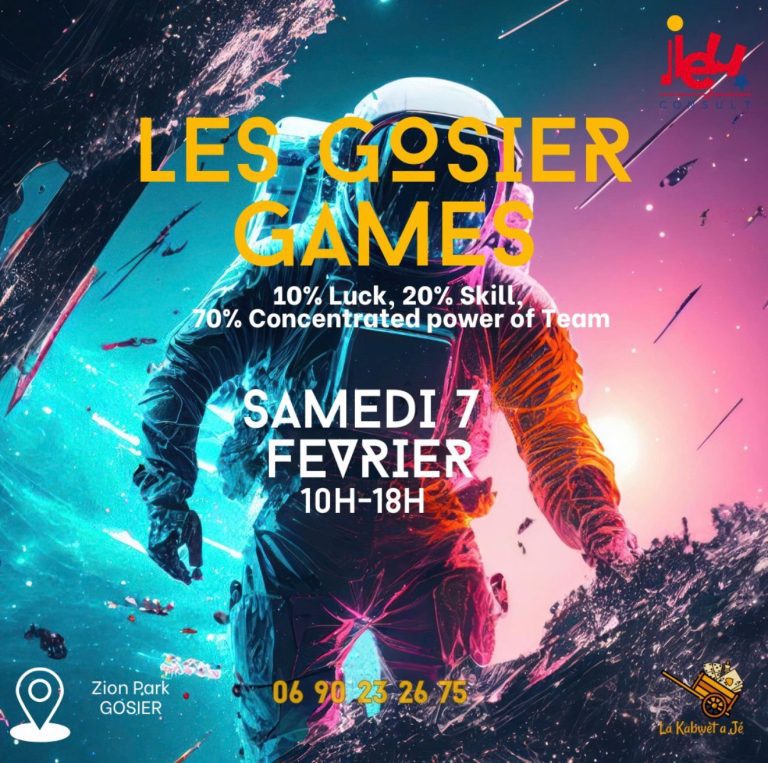 Les Gosier Games le samedi 7 février de 10h à 18h au Zion Park au Gosier, un événement ludique et compétitif en équipe mêlant jeux, stratégie, cohésion et esprit collectif en Guadeloupe.