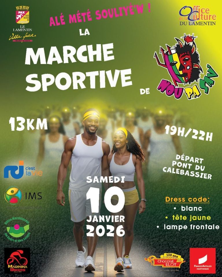 Marche sportive Nou Pa Jan de 13 km le samedi 10 janvier 2026 au Lamentin. Départ du pont du Calebassier entre 19h et 22h. Événement nocturne avec dress code blanc, tête jaune et lampe frontale.