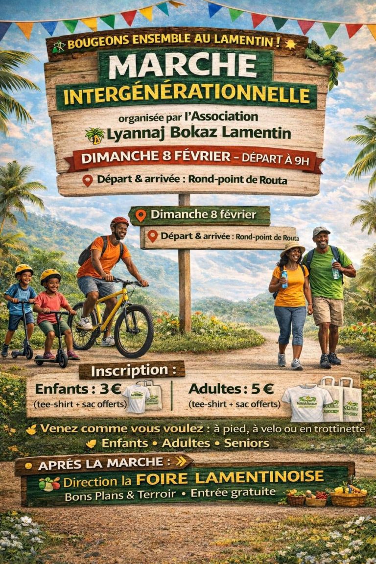 Marche intergénérationnelle organisée par l’association Lyannaj Bokaz Lamentin le dimanche 8 février 2026 au départ du rond-point de Routa au Lamentin, Guadeloupe, ouverte aux enfants, adultes et seniors, à pied, à vélo ou en trottinette, suivie de la Foire Lamentinoise.
