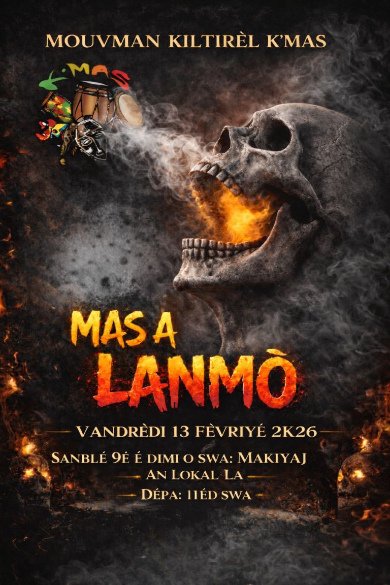 Mas a Lanmo le vendredi 13 février 2026 en Guadeloupe, déboulé nocturne du Mouvman Kiltirèl K’Mas, sortie gwoup a po avec ambiance carnaval, maquillage local autorisé et défilé populaire à partir de 23h.