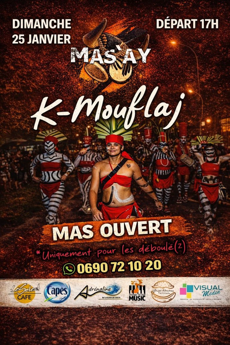 Mas Ay K-Mouflaj le dimanche 25 janvier 2026 à 17h, mas ouvert réservé aux déboulés du Carnaval de Guadeloupe, défilé carnavalesque avec tambours, costumes traditionnels et ambiance nocturne.