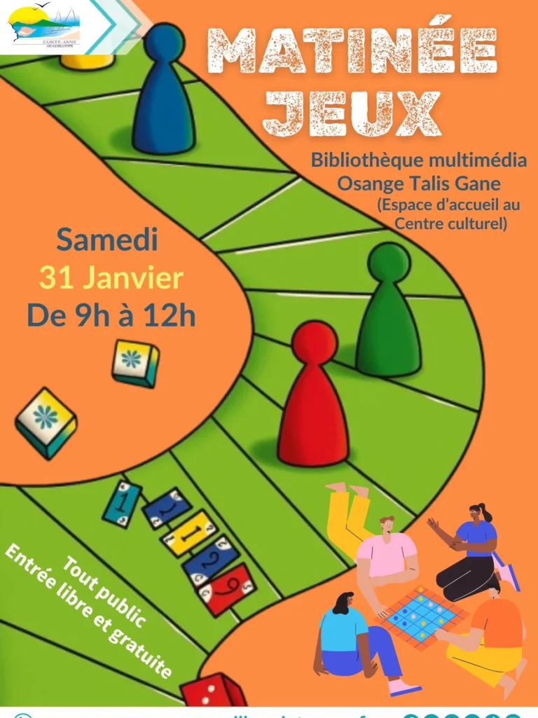 Matinée jeux tout public à la bibliothèque multimédia Osange Talis Gane à Sainte-Anne, le samedi 31 janvier de 9h à 12h. Jeux de société, moment convivial et ludique, entrée libre et gratuite au centre culturel de Sainte-Anne, Guadeloupe.