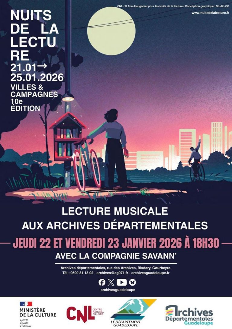 Lecture musicale dans le cadre des Nuits de la lecture 2026 aux Archives départementales de la Guadeloupe à Gourbeyre, les jeudi 22 et vendredi 23 janvier 2026 à 18h30, avec la compagnie Savann’, autour du thème Villes et campagnes.