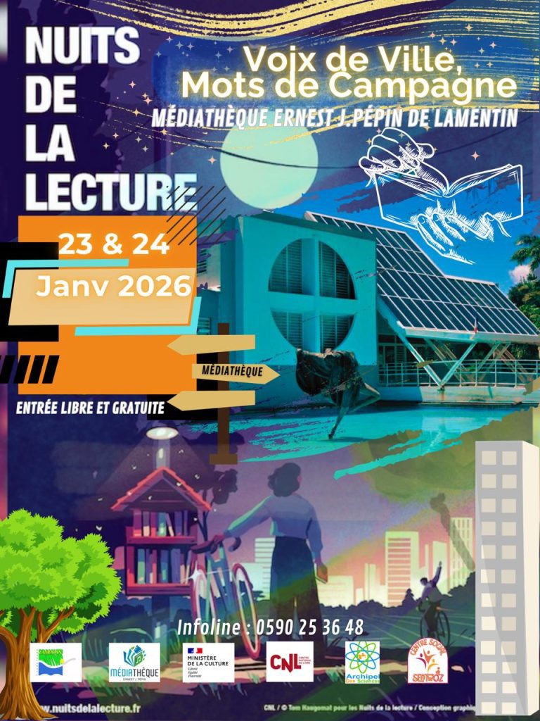 Nuits de la lecture 2026 à la médiathèque Ernest J. Pépin au Lamentin, les 23 et 24 janvier 2026, autour du thème Voix de ville, mots de campagne, avec lectures, animations culturelles et entrée libre et gratuite.