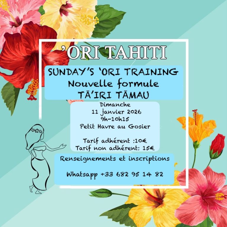 Cours d’Ori Tahiti avec la formule Ori Training Tairi Tamau le dimanche 11 janvier 2026 de 9h à 10h15 à Petit Havre, Le Gosier. Séance ouverte aux adhérents et non-adhérents.
