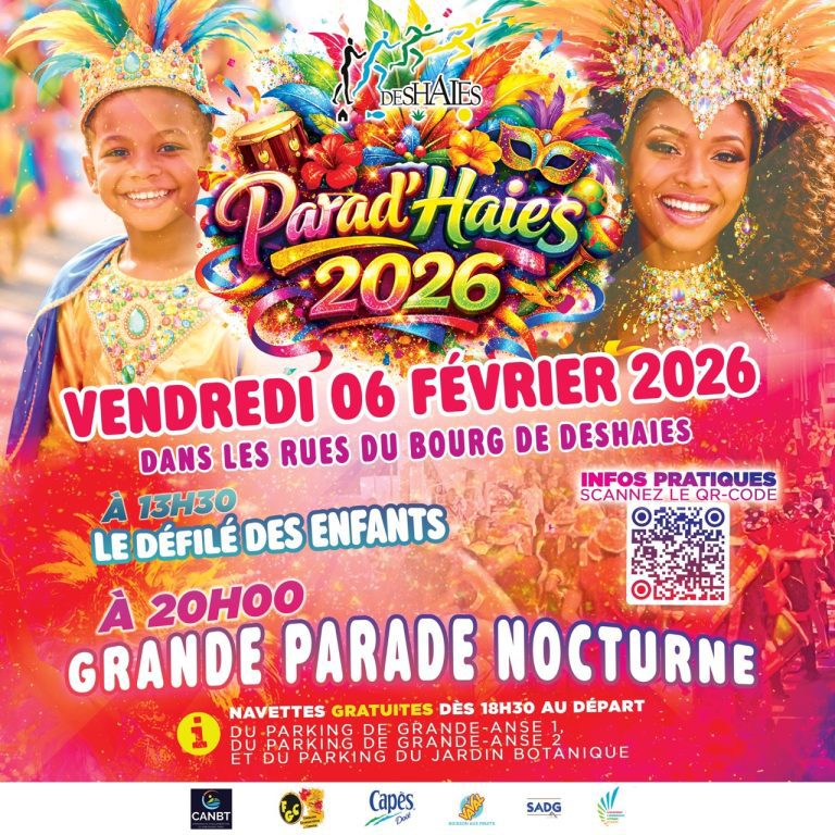 Parade carnavalesque Parad’Haies 2026 à Deshaies le vendredi 6 février 2026 avec défilé des enfants à 13h30 et grande parade nocturne à 20h dans les rues du bourg de Deshaies.