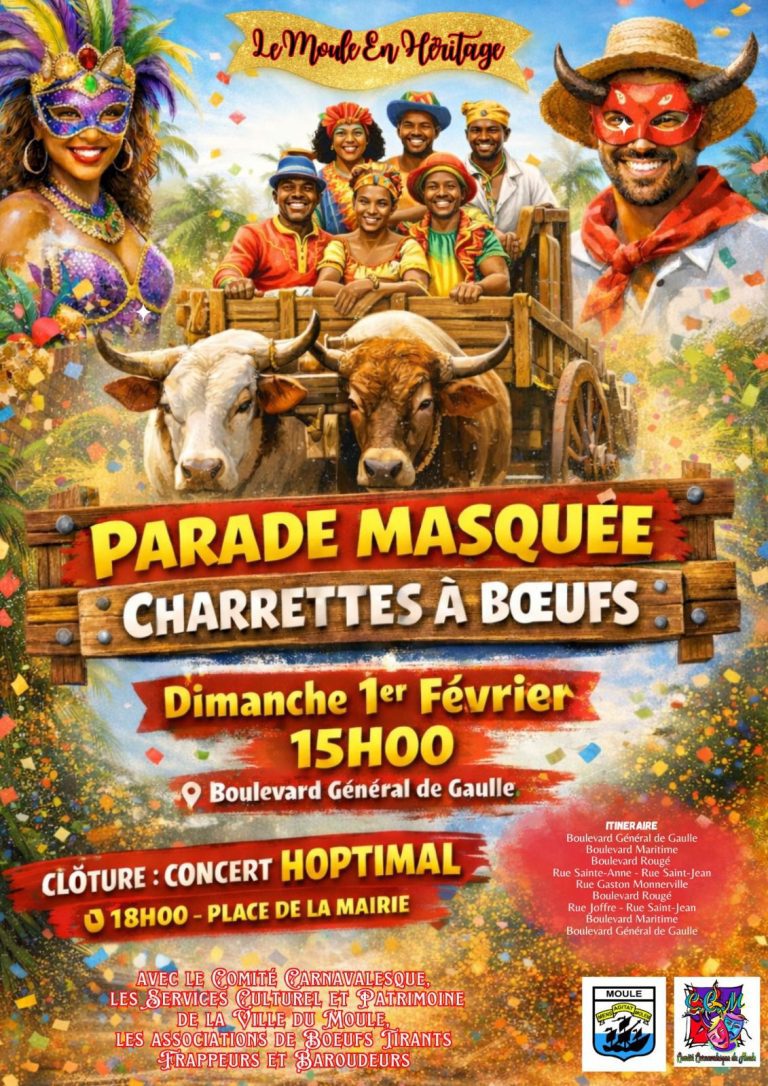 Parade masquée des charrettes à bœufs au Moule le dimanche 1er février 2026 à 15h sur le boulevard Général de Gaulle, défilé carnavalesque traditionnel avec clôture en concert place de la mairie.