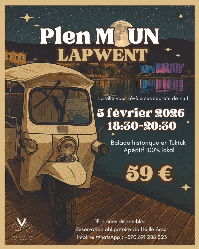Balade nocturne « Plen Moun Lapwent » le 5 février 2026 de 18h30 à 20h30, découverte historique de la ville en tuk-tuk avec apéritif 100 % local. Événement en soirée, 18 places disponibles, réservation obligatoire, tarif 59 €.