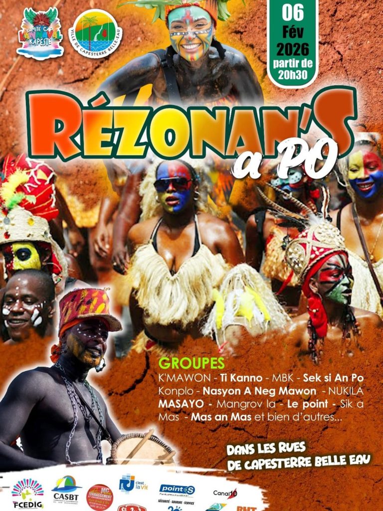 Déboulé Rézonan’s a Po dans les rues de Capesterre-Belle-Eau le 6 février 2026 à partir de 20h30, groupes de carnaval traditionnel, mas à po et percussions pour une soirée carnavalesque en Guadeloupe.