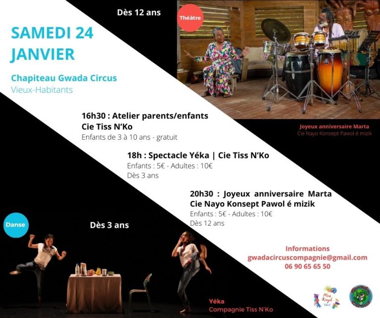 Spectacles jeune public et famille le samedi 24 janvier 2026 au chapiteau Gwada Circus à Vieux-Habitants avec atelier parents-enfants, spectacle Yéka de la compagnie Tiss N’Ko et Joyeux anniversaire Marta par la compagnie Nayo Konsept Pawòl é mizik, Guadeloupe.