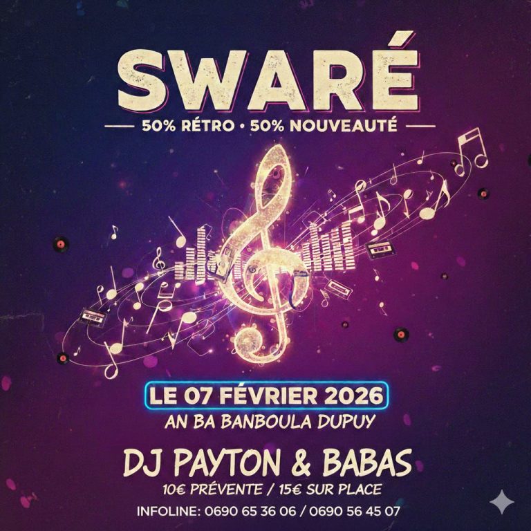 Soirée musicale « SWARE » au Ba Banboula Dupuy le 7 février 2026, ambiance 50 % rétro et 50 % nouveautés avec DJ Payton et Babas, entrée en prévente et sur place, événement festif en Guadeloupe.