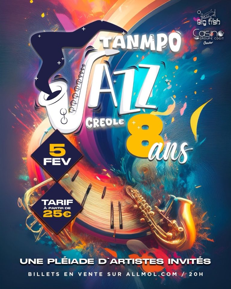 Concert Tanmpo Jazz Créole célébrant ses 8 ans le 5 février 2026 au Casino du Gosier, soirée jazz créole avec une pléiade d’artistes invités, billets en vente en ligne, tarif à partir de 25 euros.