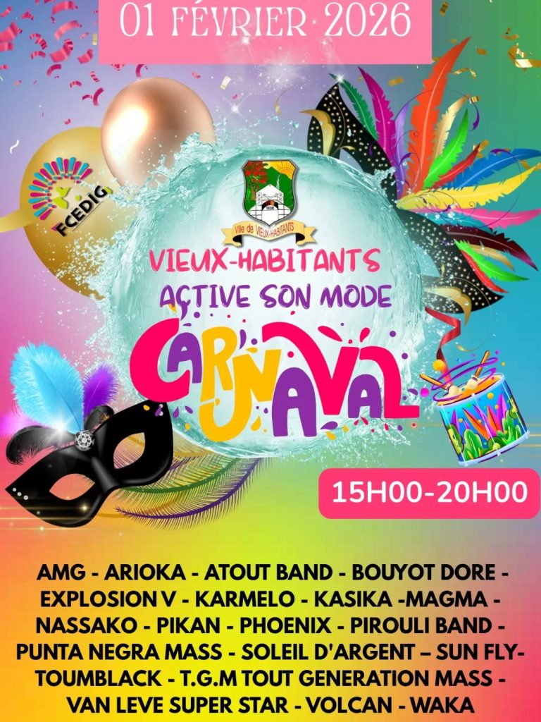 Défilé carnavalesque « Vieux-Habitants active son mode Carnaval » le dimanche 1er février 2026 à Vieux-Habitants, de 15h à 20h, avec de nombreux groupes carnavalesques pour un moment festif et populaire.