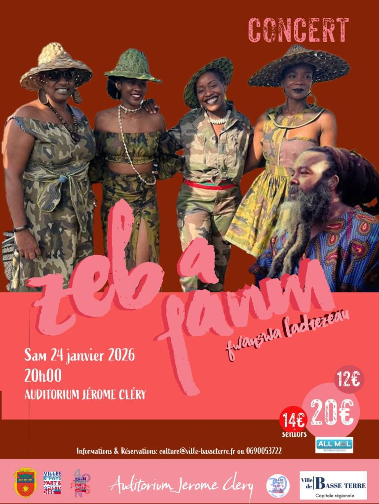 Concert de Zeb a Pawòl avec Janvwa Cadrezeau, le samedi 24 janvier 2026 à 20h à l’Auditorium Jérôme Cléry à Basse-Terre en Guadeloupe. Tarifs 12 €, 14 € seniors et 20 €. Réservation auprès du service culturel de la Ville de Basse-Terre.