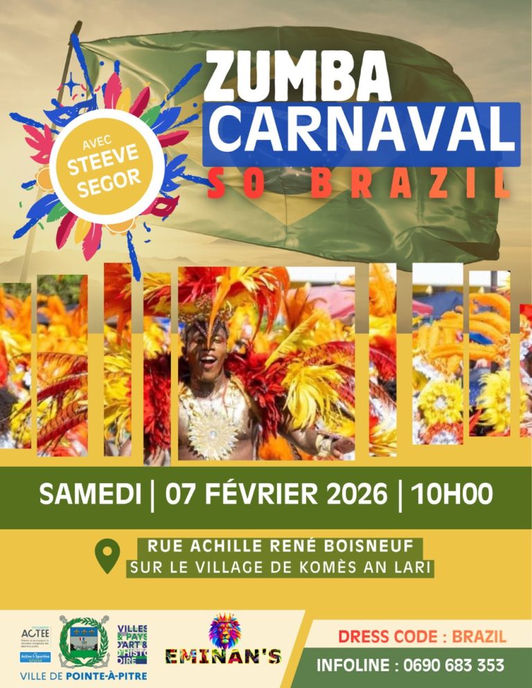 Zumba Carnaval Brazil à Pointe-à-Pitre le samedi 7 février 2026 à 10h, séance de zumba animée par Steeve Segor dans le cadre du village de Komès an Lari, rue Achille René Boisneuf, dress code Brazil.