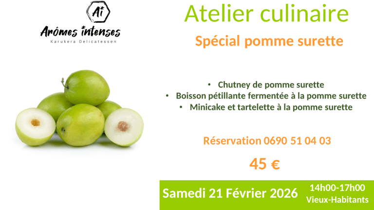 Atelier culinaire spécial pomme surette le samedi 21 février 2026 à Vieux-Habitants, avec réalisations salées et sucrées, boisson fermentée sans alcool, pâtisseries sans gluten et places limitées à 8 participants.