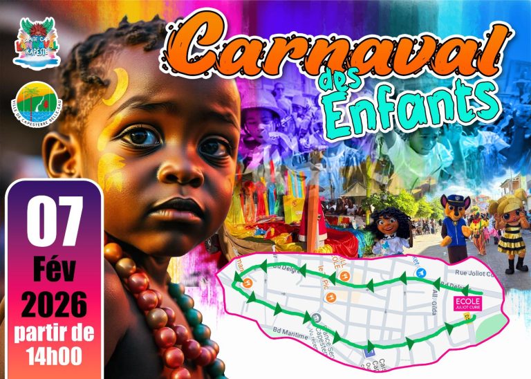 Carnaval des enfants à Capesterre-Belle-Eau le samedi 7 février 2026 à partir de 14h, défilé carnavalesque dédié aux enfants avec animations, costumes colorés et parcours festif dans les rues de la ville.