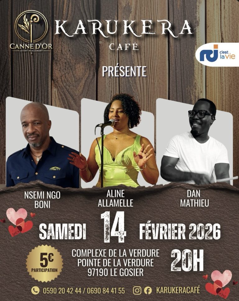 Concert jazz au Karukera Café le samedi 14 février 2026 au Complexe de la Verdure à Le Gosier avec Nsemi Ngo Boni, Aline Allamelle et Dan Mathieu, soirée musicale live à partir de 20h, participation demandée.