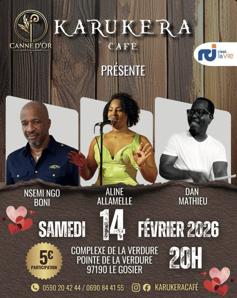 Concert jazz au Karukera Café le samedi 14 février 2026 au Complexe de la Verdure à Le Gosier avec Nsemi Ngo Boni, Aline Allamelle et Dan Mathieu, soirée musicale live à partir de 20h, participation demandée.