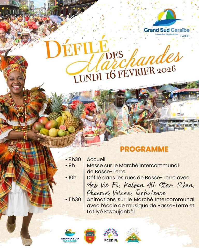 Défilé des Marchandes le lundi 16 février 2026 à Basse-Terre avec accueil dès 8h30, messe au Marché Intercommunal et défilé des groupes carnavalesques dans les rues.
