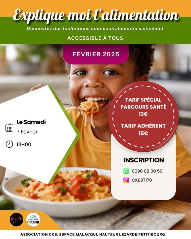 Atelier santé « Explique-moi l’alimentation » le samedi 7 février 2025 à Petit-Bourg, accessible à tous, pour découvrir des techniques simples pour mieux s’alimenter, organisé par l’association CKB en Guadeloupe.