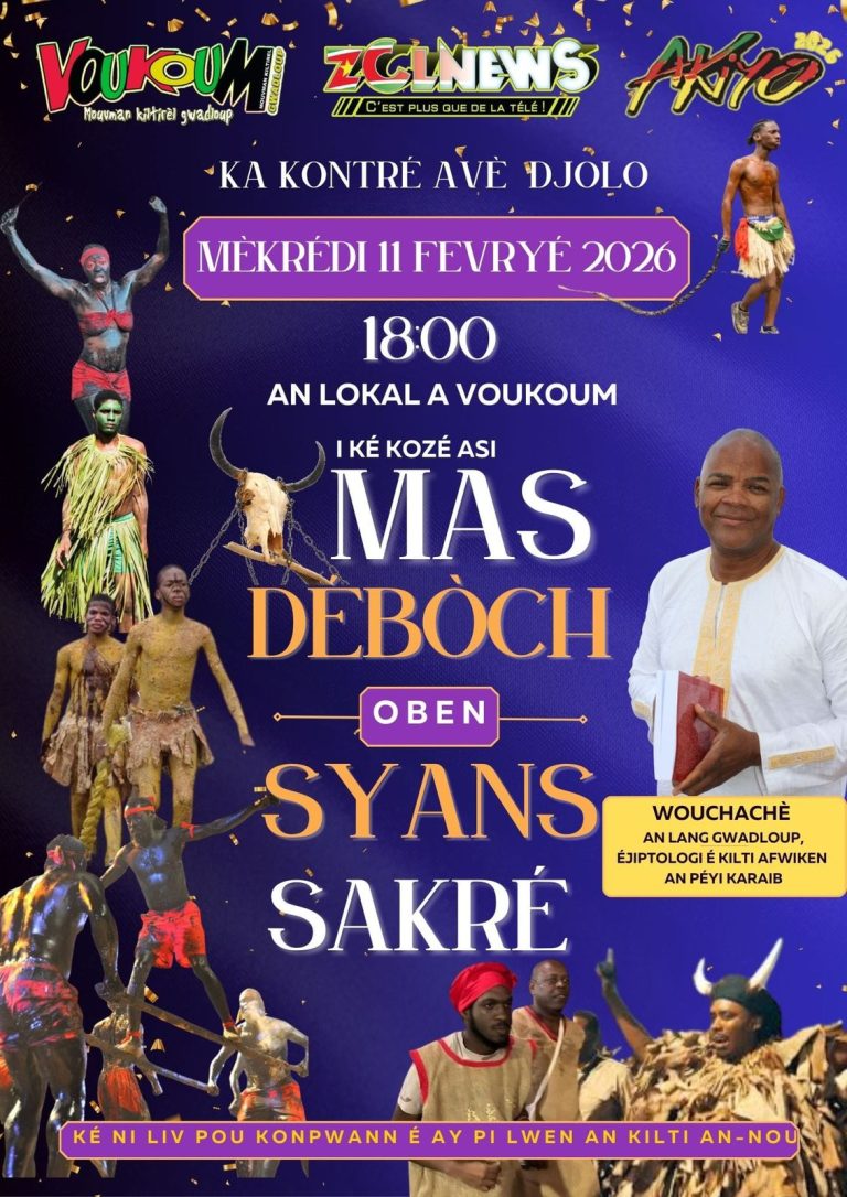 Rencontre culturelle Ka Kontre Avè Djòlo autour du Mas Déboch et des syans sakré, organisée par Voukoum le mercredi 11 février 2026 à 18h au local de Voukoum, avec échanges en langue guadeloupéenne sur les racines culturelles du carnaval.
