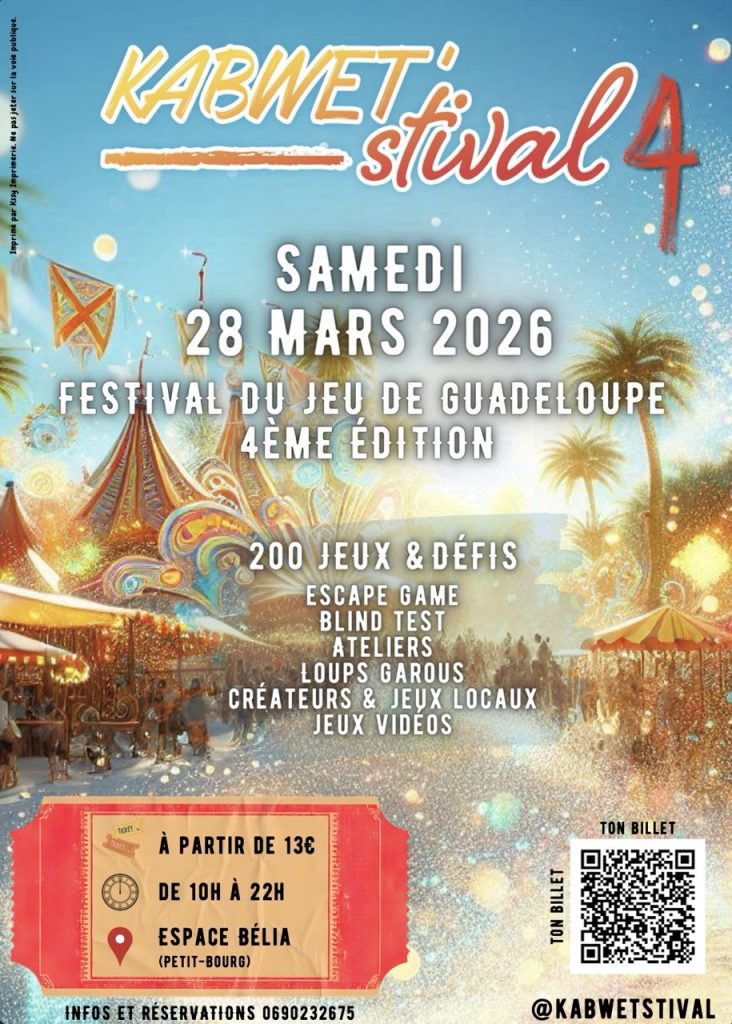 Kabwet’stival 4 le 28 mars 2026 à l’Espace Bélia à Petit-Bourg, Festival du Jeu de Guadeloupe avec 200 jeux et défis de 10h à 22h, billets à partir de 13 €.