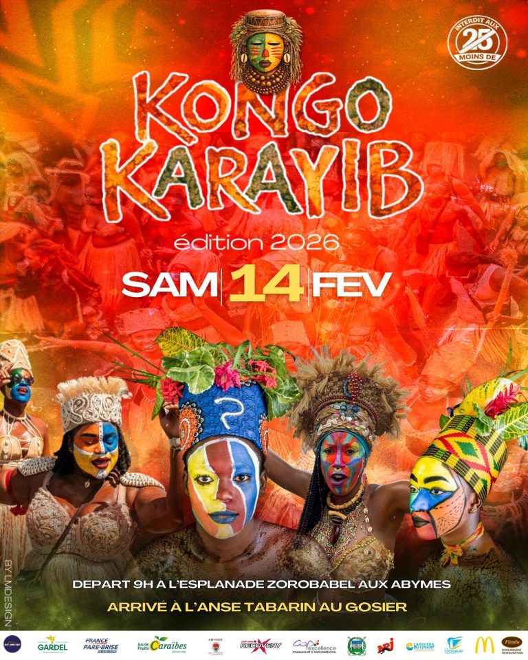 Kongo Karayib édition 2026 le samedi 14 février 2026 avec un grand déboulé carnavalesque au départ de l’esplanade Zorobabel aux Abymes à 9h et une arrivée à l’Anse Tabarin au Gosier, événement du Carnaval de Guadeloupe.
