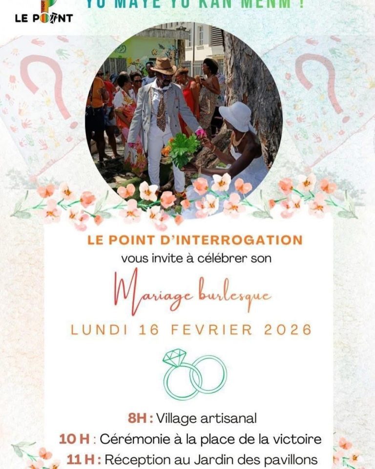 Mariage burlesque organisé par Le Point d’Interrogation le lundi 16 février 2026 avec village artisanal dès 8h, cérémonie place de la Victoire à 10h et réception au Jardin des Pavillons.
