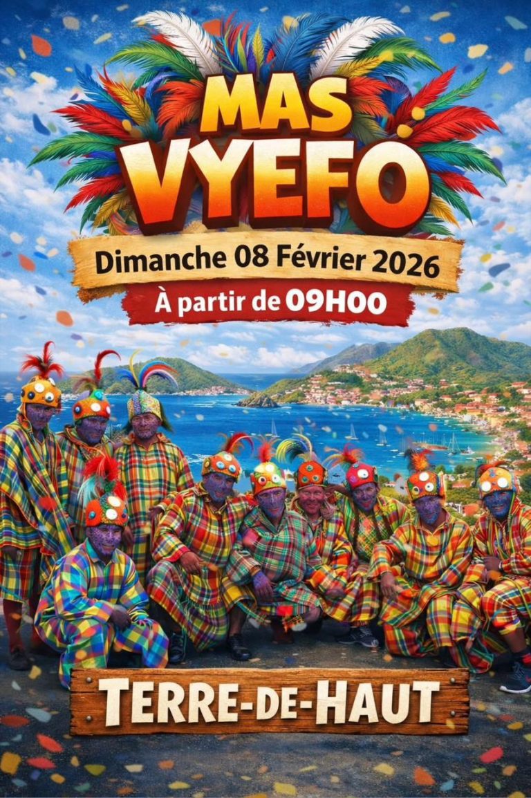 Mas Vyéfo à Terre-de-Haut le dimanche 8 février 2026 à partir de 9h, défilé carnavalesque avec groupe mas traditionnel en tenues colorées dans le cadre du Carnaval aux Saintes.