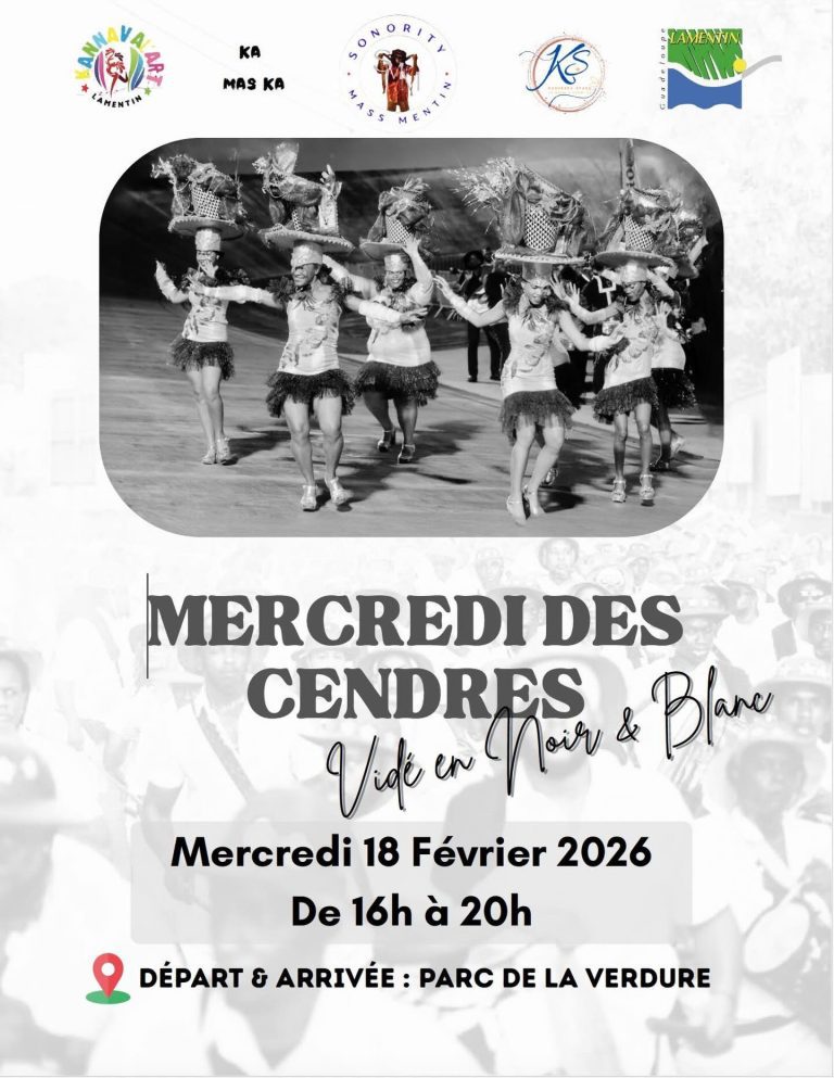 Défilé du Mercredi des Cendres 2026 au Lamentin, vide en noir et blanc, organisé le mercredi 18 février 2026 de 16h à 20h avec départ et arrivée au Parc de la Verdure, clôture symbolique du Carnaval en Guadeloupe.
