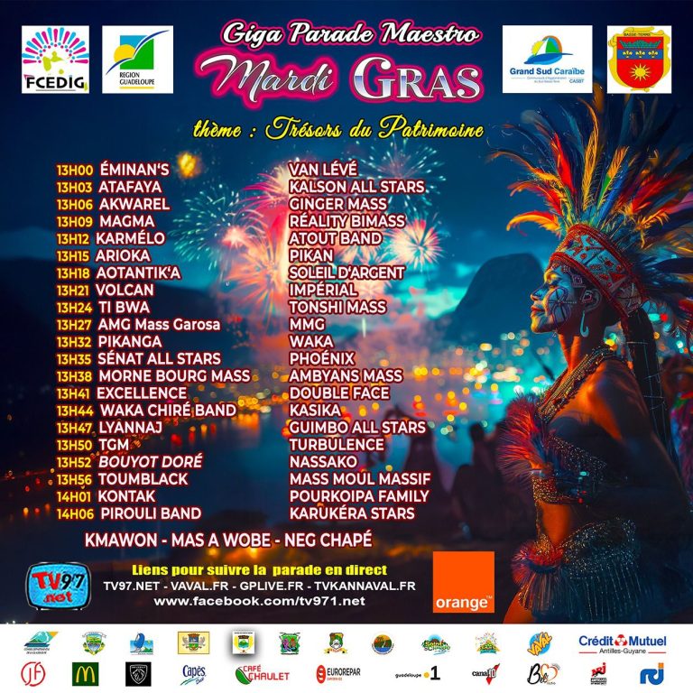 Ordre de départ officiel de la Giga Parade Maestro du Mardi Gras 2026 à Basse-Terre, avec horaires détaillés et liste complète des groupes carnavalesques participant au défilé sur le thème Trésors du Patrimoine.