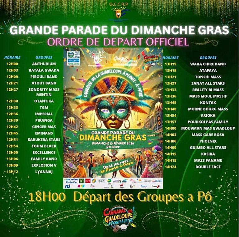 Ordre de départ officiel de la Grande Parade du Dimanche Gras le 15 février 2026 à Pointe-à-Pitre avec horaires précis et liste complète des groupes carnavalesques participant au défilé.