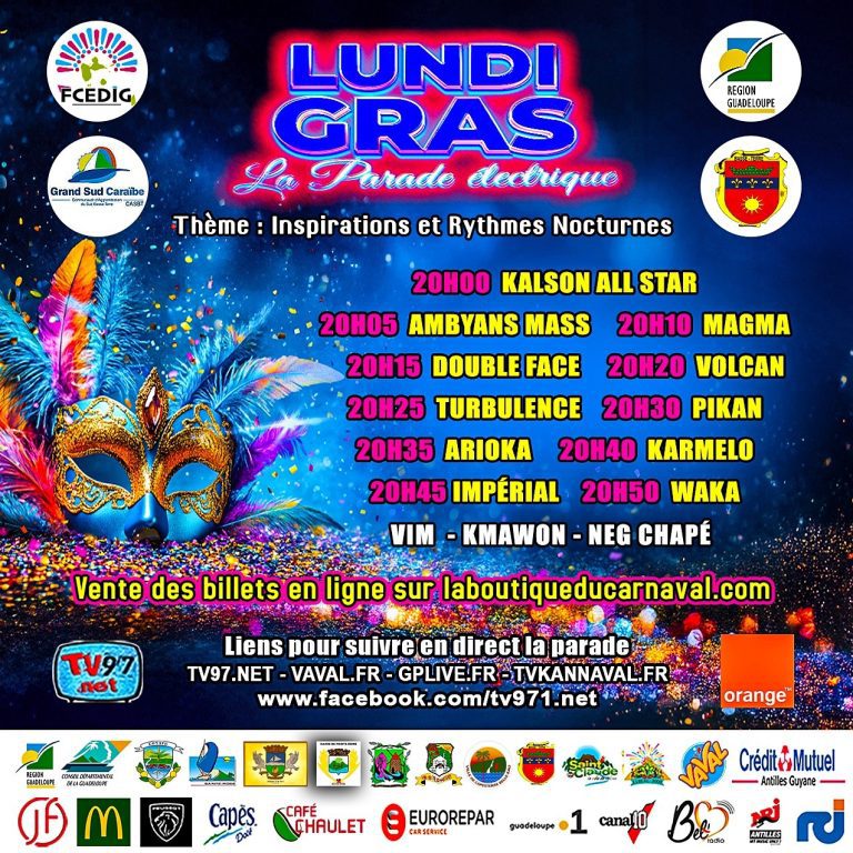 Ordre de départ officiel de la parade du Lundi Gras 2026 à Basse-Terre, défilé nocturne sur le thème Inspirations et Rythmes Nocturnes, avec horaires précis et groupes carnavalesques participants.