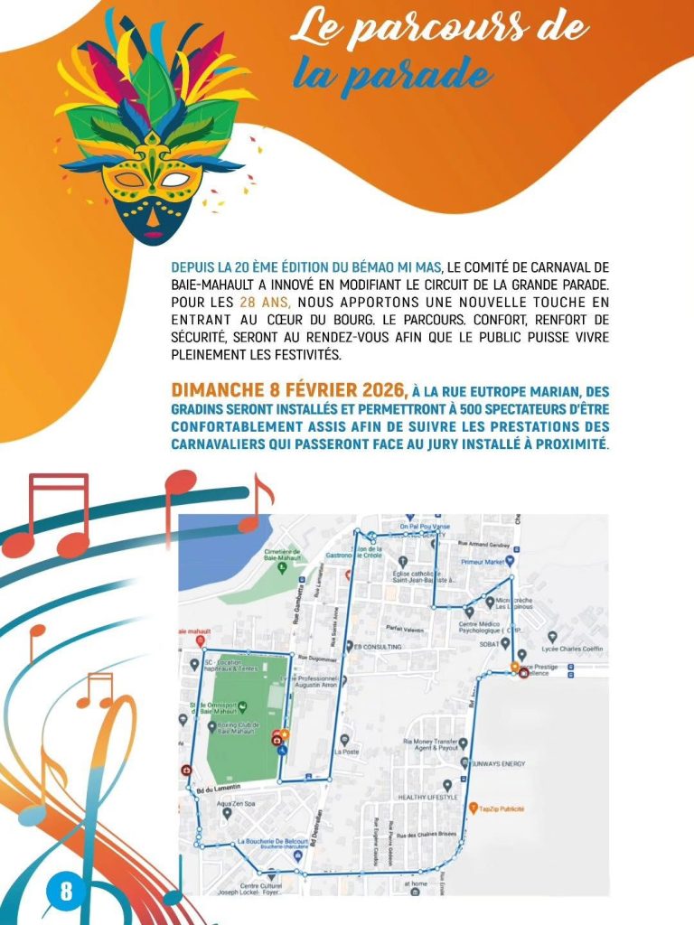 Parcours de la grande parade du Carnaval de Baie-Mahault le dimanche 8 février 2026 avec un circuit modifié entrant au cœur du bourg, gradins installés rue Eutrope Marian pour 500 spectateurs et passage des groupes face au jury.