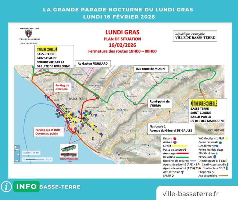 Plan de circulation du Lundi Gras le 16 février 2026 à Basse-Terre avec fermeture des routes de 18h à minuit, itinéraires conseillés, parkings publics et parcours de la parade nocturne.
