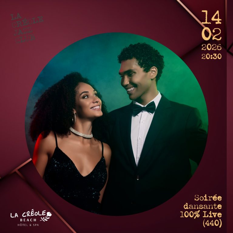 Soirée dansante 100 % live au Jazz Club de La Créole Beach Hôtel & Spa, le samedi 14 février 2026 à 20h30, avec musique jazz et ambiance élégante au Gosier, Guadeloupe.