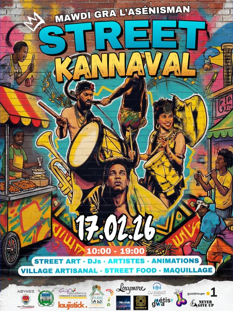 Street Kannaval Mawdi Gra L’Asénisman le 17 février 2026 aux Abymes de 10h à 19h avec street art, DJs, artistes, village artisanal, street food et animations pour le Carnaval.