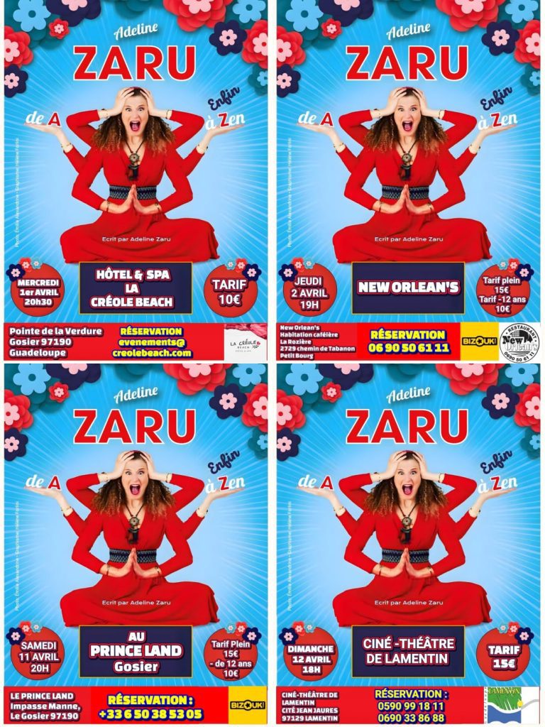 Spectacle humoristique “Adeline Zaru – de A à enfin Zen” les 1er, 2 et 12 avril 2026 en Guadeloupe au Gosier, Petit-Bourg et Lamentin avec plusieurs dates et lieux.